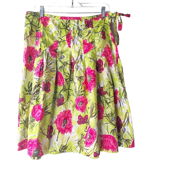 Talbots Size 12 Green Red Floral Butterfly Pleated Side Zip Cotton A-Line Skirt - Picture 1 of 12